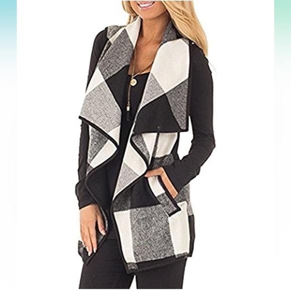 Women's Color Block Lapel Open Front Sleeveless Plaid Vest Cardigan with Pockets - Picture 2 of 4